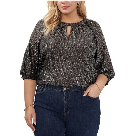Vince Camuto Blouse Plus Size3X 3/4 Balloons Sleeves Sequin Keyhole Blouse - Picture 1 of 8